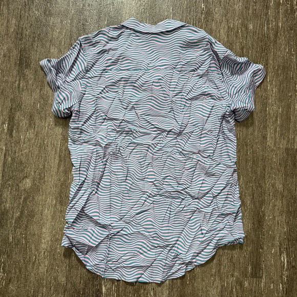 Wildfang Women's Button Up Short Sleeve Shirt Small Pink Groovy Teal Wave Print - Picture 5 of 5
